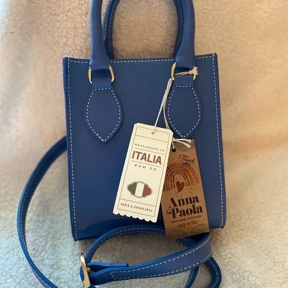 Bellissimo Anna Paola Leather Made in Italy Crossbody Handbag color Blue NWT - Picture 2 of 9